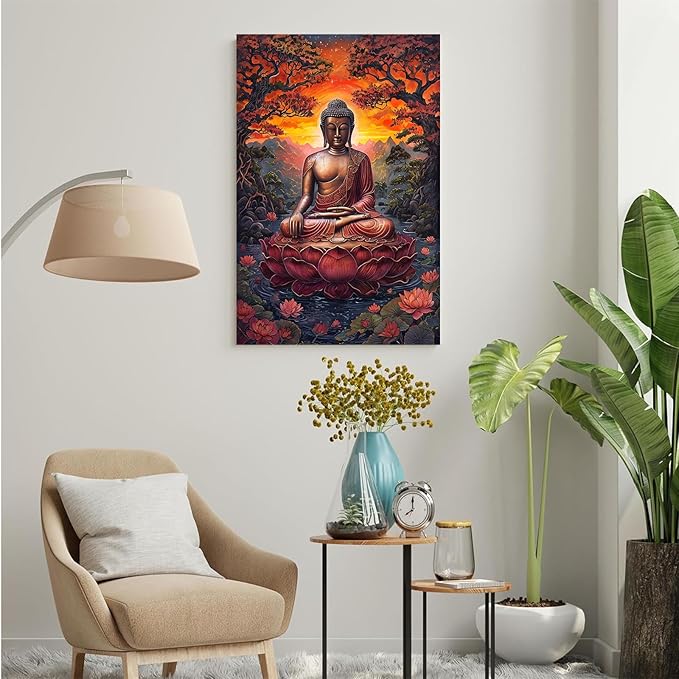 Golden Buddha on lotus seat serene meditation statue amidst lush trees flowing water and sunrise light spiritual home art for a tranquil decor 16x24in Wood Framed