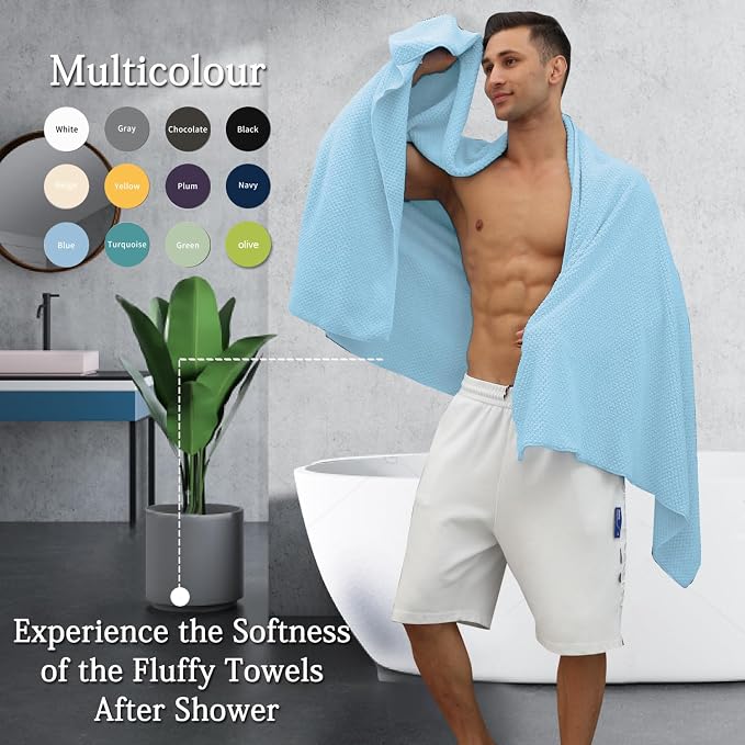 8-Piece Blue Bath Towels Set,2 Oversized Large Bath Towels Sheet,2 Hand Towels and 4 Washcloths - 600 GSM Soft Luxury Towel Set,Highly Absorbent Quick Dry Towel Collection for Bathroom,Hotel and Spa