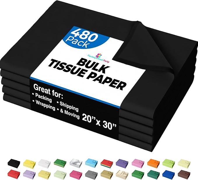 Party Solids Black Tissue Paper for Gift Bags - 20" X 30" Bulk Tissue Paper Black 480 Sheets - 10lb Newsprint for Packing, Birthday Gift Box Filler, Packing Supplies for Moving Supplies