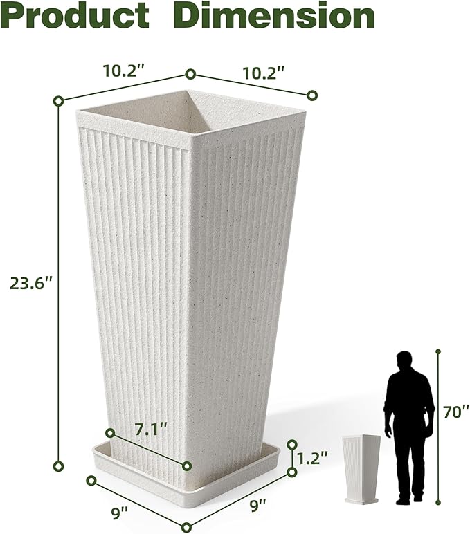 Square Tall Planters for Outdoor Plants Set of 2-23.6" Heavy-Duty Classic Tapered Indoor Flower Pots with Drainage Holes/Partition/Tray, Large Outdoor Planters for Porch Patio Garden, White