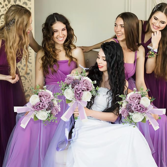 Bridesmaid Bouquets for Wedding 1 Pack - 9 Inch Artificial Flowers Bouquets for Ceremony Anniversary Centerpieces Decorations - Dusty Purple
