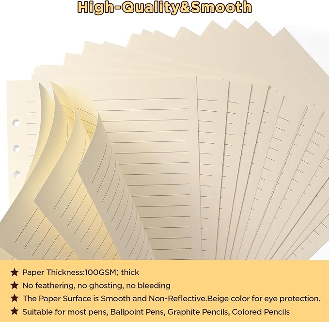 A5 6-Hole Lined Loose-Leaf Paper, Beige – Refill Pages for Standard A5 6-Ring Binder, Journals, Planners – Writes both sides–No bleed-through – 80 Sheets