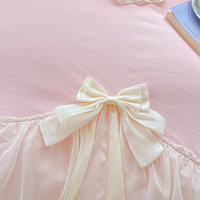 Girls Lace Bedding,Queen Comforter Cover Set, Chic Ruffled Duvet Cover with Lovely Bow,Princess Style 1 Duvet Cover with 2 Pillowcases, No Comforter-Pink,Queen Size