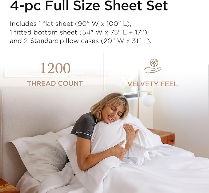 Threadmill Luxury Supima Cotton Sheets, Luxury 1200 Thread Count Soft 100% Cotton Sheets for Full Size Bed, 4 Pc White Bed Sheets Full Set, 5-Star Hotel Quality Deep Pocket Bed Sheets Set
