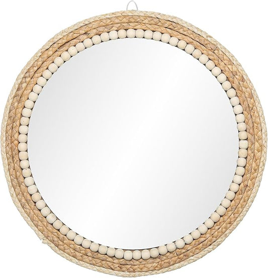 18 Inch Boho Round Hanging Wall Mirror Decorative Rattan Circle Mirrors for Farmhouse, Living Room, Bedroom