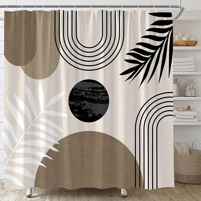 Mid Century Modern Shower Curtain Boho Brown Abstract Retro Aesthetic Fabric for Bathroom Decor Bathtub with Hooks (67" WX70 H)