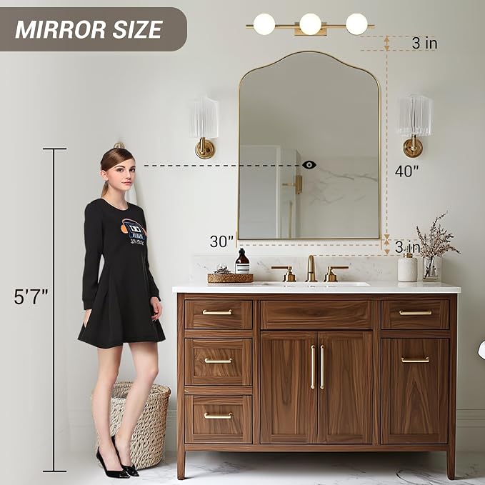 ANDY STAR Brass Scalloped Arched Wall Mirror, 30x40 Brushed Gold Irregular Bathroom Mirror with Curved Design for Vanity, Powder Room, Fireplace, Mantel, with Stainless Steel Metal Frame