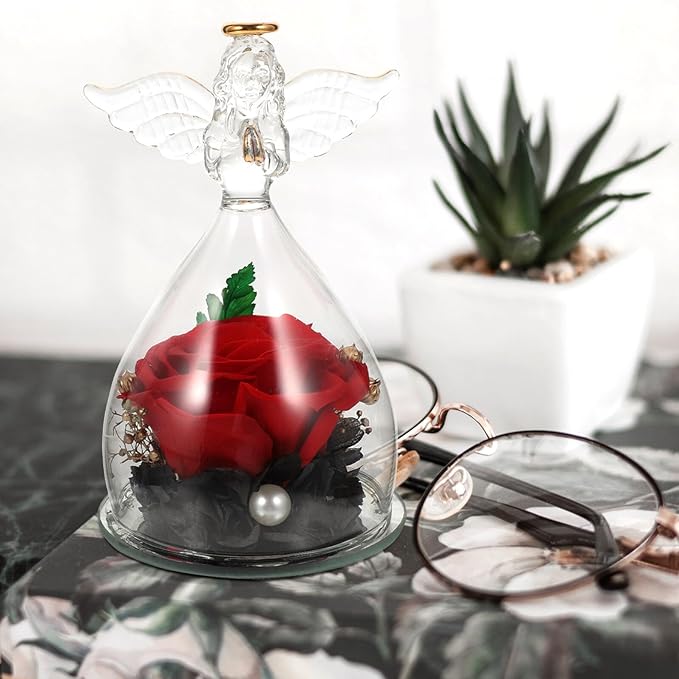 Garneck Eternal Preserved Rose with Angel Figurines in Glass Dome Romantic Desktop Ornament for Birthday Mother's Day Wedding Floral Decoration