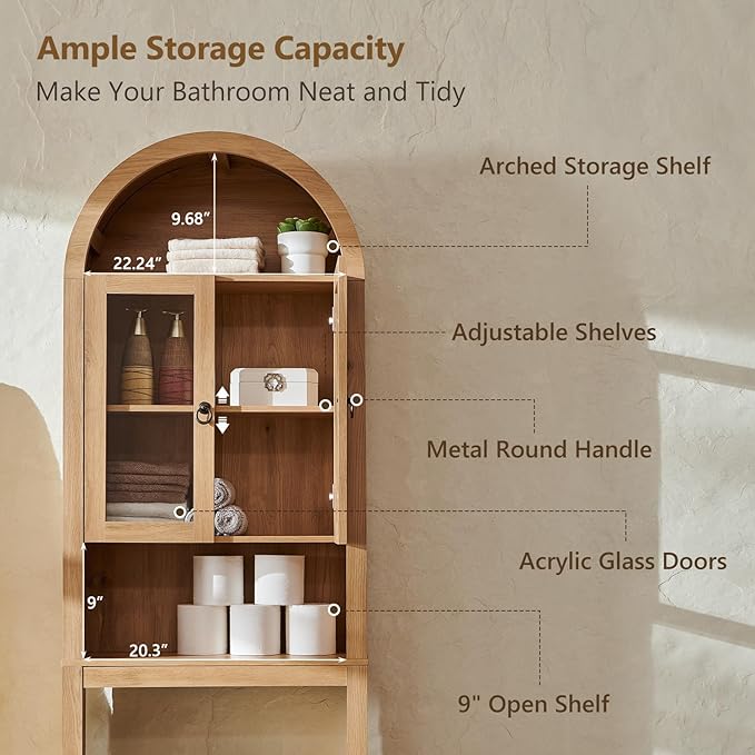 IFGET Arched Over The Toilet Storage Cabinet with Acrylic Doors, Modern Over Toilet Bathroom Organizer Shelf, Small Wooden Bathroom Storage Cabinet with Adjustable Shelf,Space Saver, Natural Oak