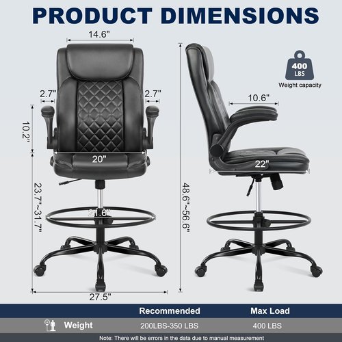 Misolant Drafting Chair - Adjustable Height Office Chair with Footrest & 360° Swivel Wheels | Black PU Leather