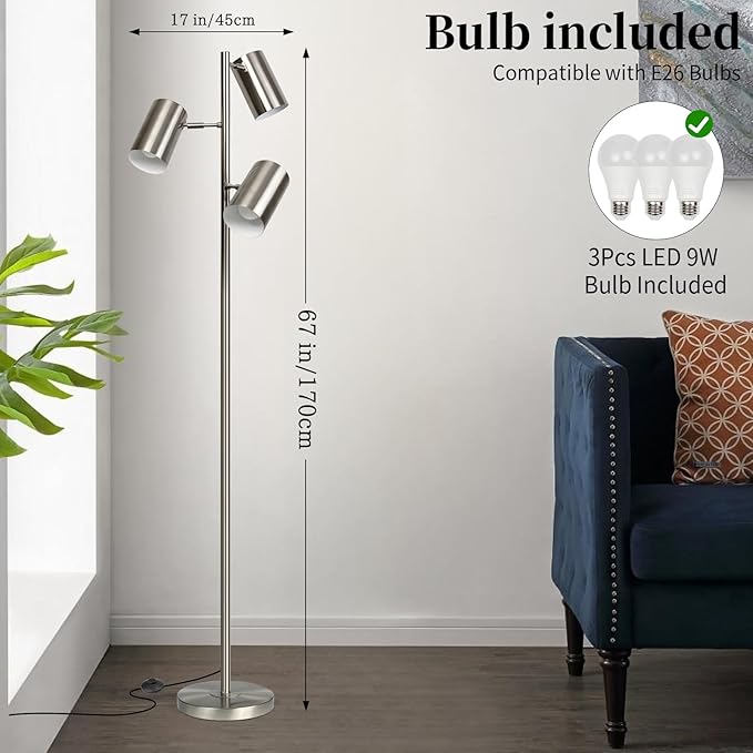 Tree Floor Lamp with 3 Light Bulbs,Nickel Standing Tall Pole Lamp with 3 Adjustable Rotating Lights,Farmhouse Floor Lamp for Living Room Bedroom Office,Vintage Standing Lamp 9W E26 LED Bulbs Included.