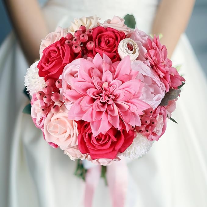 Artificial Flower Box Set – Faux Floral Bouquet for Party&Table Centerpieces, Realistic Pink Flowers Artificial for Home & Wedding Decoration,Bulk Fake Flowers with Stems