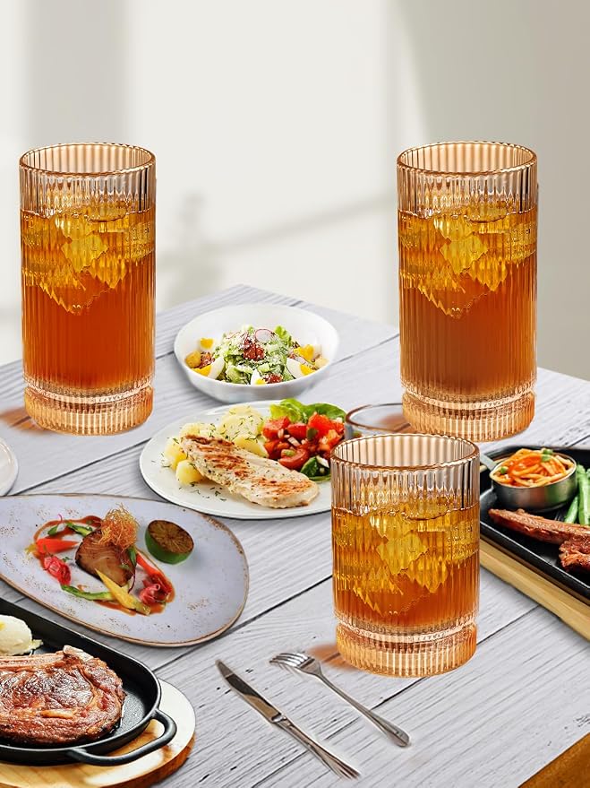 Ribbed Glassware Vintage Drinking Glasses 12Pcs Set （6 Highball Glasses 16Oz And 6 Rocks Glasses 13Oz） Amber Ribbed Glass Cups For Iced Coffee, Cocktails, Juice, Beer, Everyday Drinking