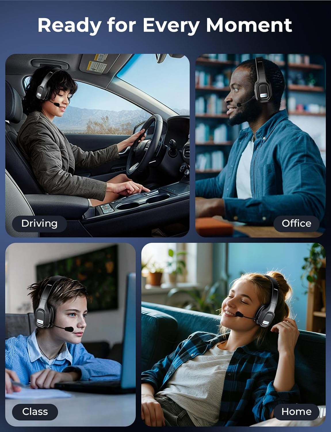 Skiennix Bluetooth Headset - 60 Hours Noise-Canceling Wireless Headphones with Mic & Mute | Ideal for Truck Drivers & Office Use