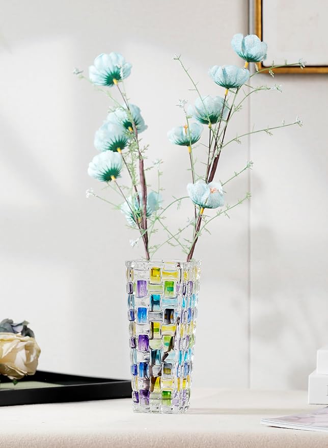 Magcolor Hand Painted Blue Woven Glass Vase -Crystal Flower Vase- 7.7 inch, Glass Plant Vase for Floral Arrangements, Centerpieces, Weddings, Housewarming, Centerpiece Home Deco.