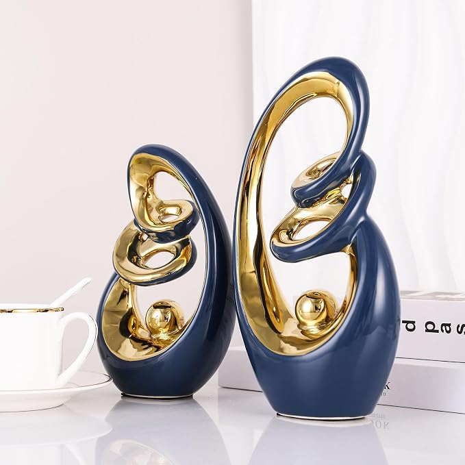 Blue Gold Ceramic Abstract Sculpture, Modern Art Deco Statues With Gold Accents For Home, Tv Stand Decor Centerpieces
