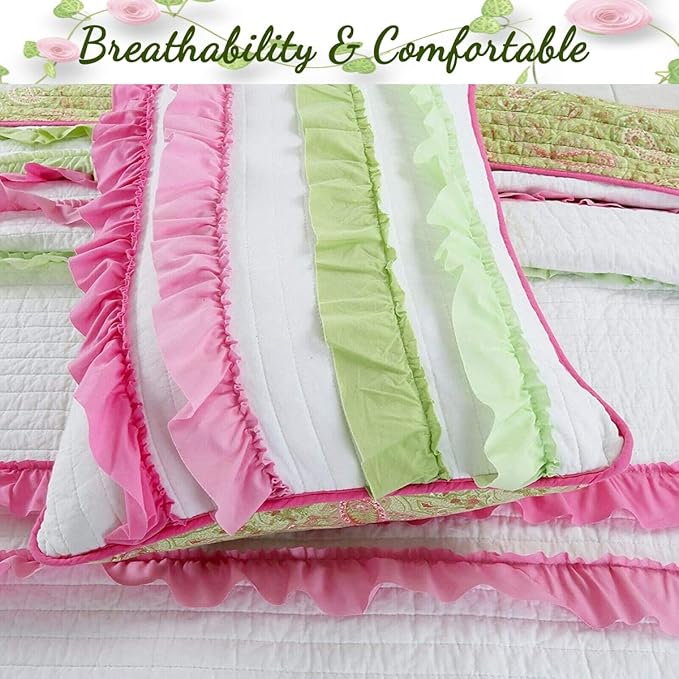 Cozy Line Home Fashionsn Chic Ruffles Pink Green Girl 100% Cotton Reversible All-Season Coverlet, Bedspread, Quilt Bedding Set (Charlotte, Queen)