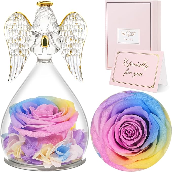 Sunia Preserved Flower Rose Gift for Women - Mother's Day Birthday Gifts for Mom Wife Grandma, Glass Angel Figurines Forever Real Roses Gifts for Her Valentine Day Thanksgiving﻿ (Rainbow)