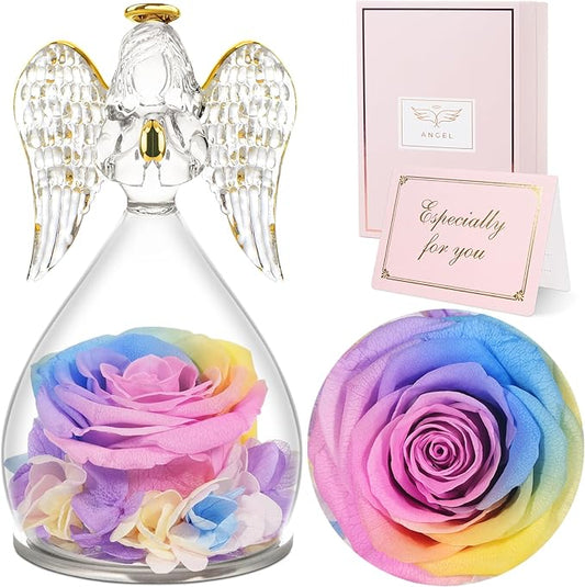 Sunia Preserved Flower Rose Gift for Women - Mother's Day Birthday Gifts for Mom Wife Grandma, Glass Angel Figurines Forever Real Roses Gifts for Her Valentine Day Thanksgiving﻿ (Rainbow)