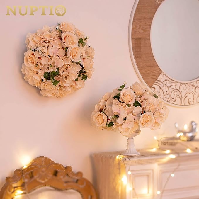 NUPTIO Flower Ball Arrangement Bouquet - 2 Pcs 14.2 inch Diameter Champagne Fake Flowers Roses Balls for Centerpieces Tables - Artificial Rose Arrangements for Wedding Centerpiece Table Decorations