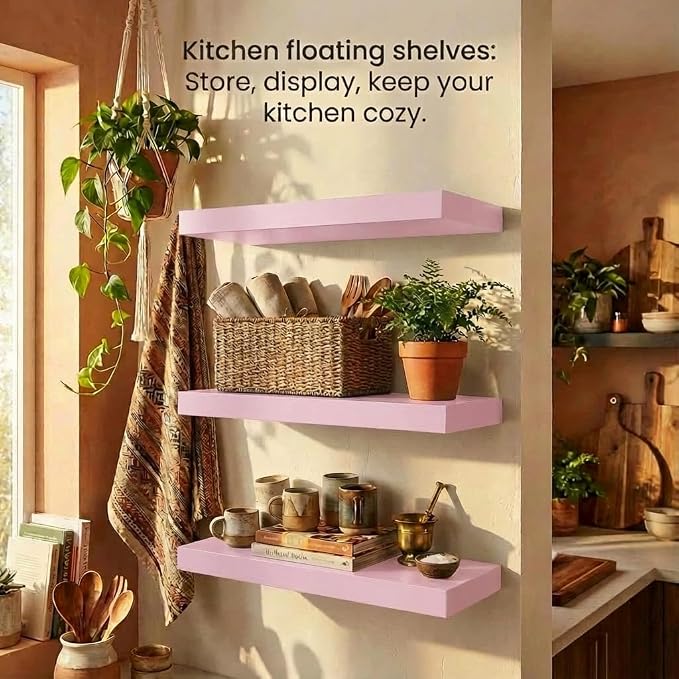 SAUMONIERES Floating Shelves Wall Shelf Solid Wood for Bathroom Bedroom Kitchen Set of 3, Pink Wall Shelves