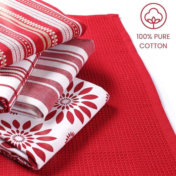 Assorted Kitchen Towels Large 16x26 inches 100% Cotton Set of 5 - Soft Absorbent Washable Tea Towel for Kitchen - Dish Cloths with Hanging Loop - Quick Drying Dish Towels Red