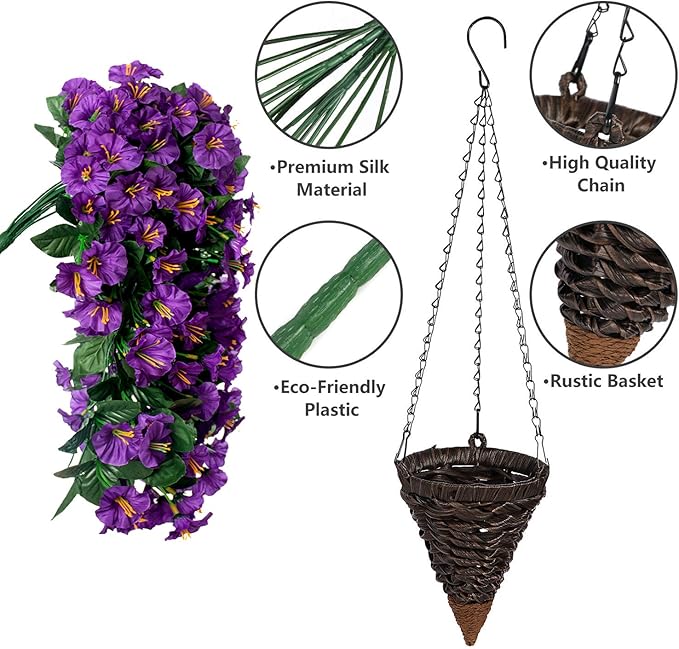 HyeFlora Artificial Faux Hanging Flowers Plants Basket for Outdoor Outside Porch Decoration, UV Resistant Fake Silk Purple Morning Glory Trailing Vines Realistic for Summer Home Balcony Yard Patio