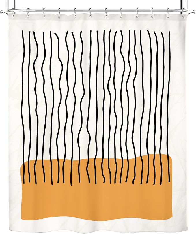 Riyidecor Abstract Mid Century Shower Curtain Modern Minimalist Vertical Stripe and Orange Block 60Wx72H Inch Black Line Colorful Art Painting Fabric Decor Bathroom Polyester Waterproof 12 Pack Hooks