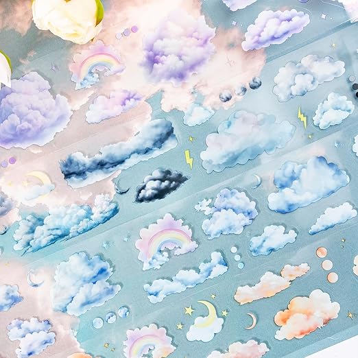 AuriicLeaf Cloud PET Tape Set, 6 Rolls Pre-Cut Sky Ephemera for Junk Journaling, Scrapbooking, Crafting, DIY Projects, Diaries, and Art Supplies
