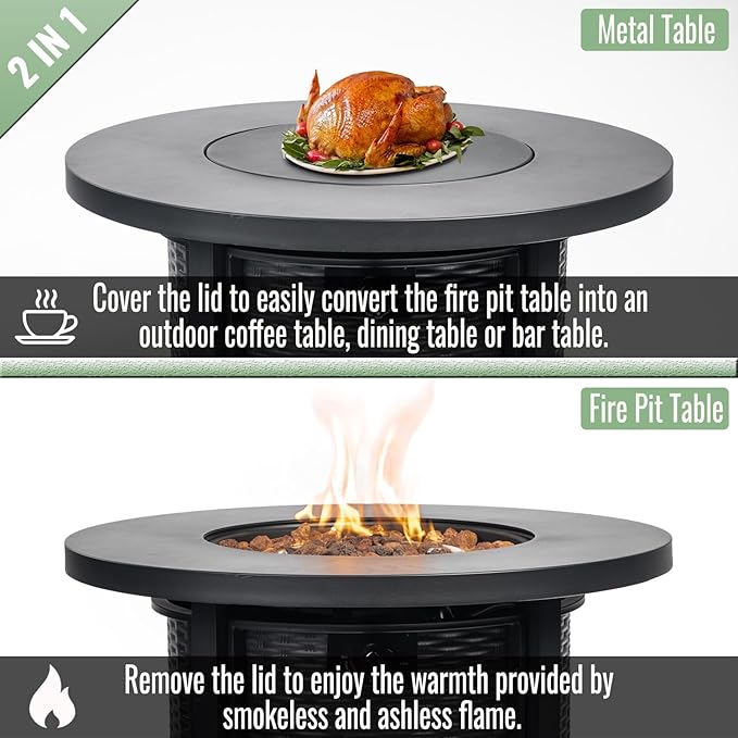 30" Propane Gas Fire Pit Table, 50000 BTU Round Steel Fire Pit with Lid & Glass 2 in 1 Fire Pit Table Rock for Outside Patio Deck Garden Courtyard