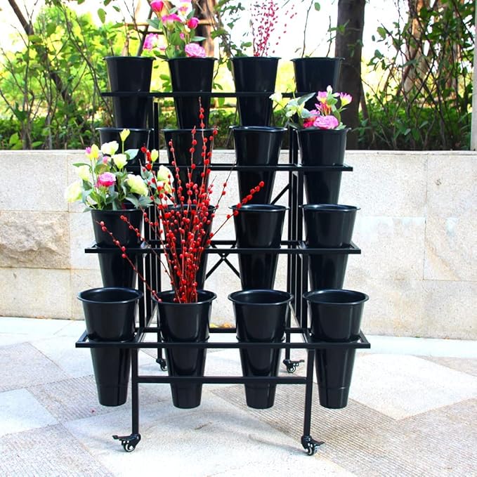 Zhongma Flower Display Stand with 16pcs Plastic Buckets for Fresh Flowers Heavy Duty Garden Cart Moving Flower Bucket Stand with Wheels