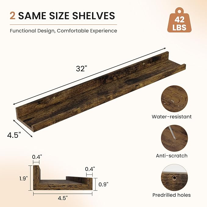 Dreamland Picture Ledge Shelf for Wall, Floating Shelves Set of 2, 32 inch Long Floating Shelves with Lip for Living Room,Bedroom,Bathroom,Kitchen,Rustic Brown