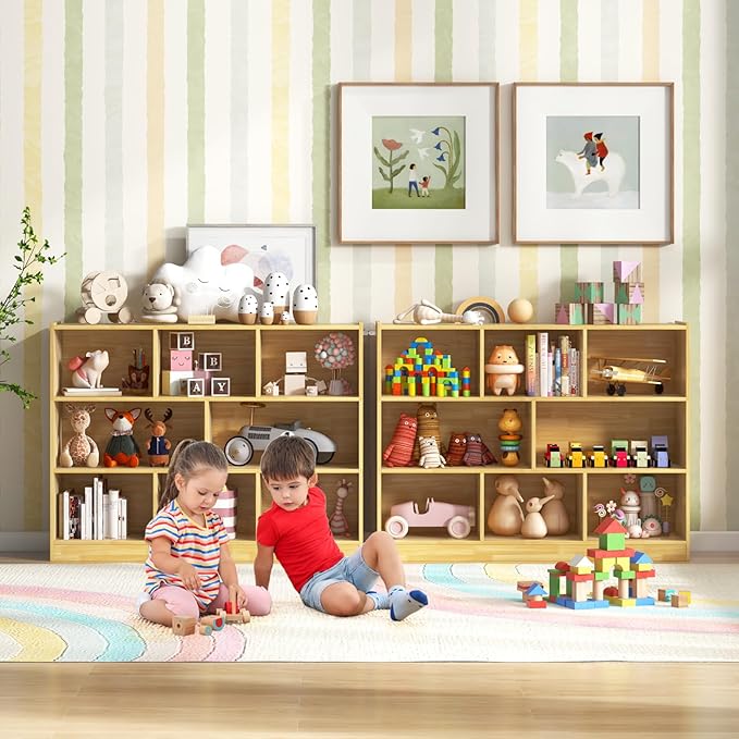 HONEY JOY Kids Toy Storage Organizer, 8-Section Storage Daycare Shelf for Preschool, Children 3-Tier Open Wooden Display Book Shelf Organizer for Classroom, Playroom & Nursery, Kindergarten(Yellow)