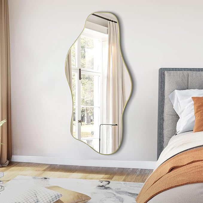 Irregular Wall Mirror, 47.2"x24" Gold Asymmetrical Tempered Glass Mirror, Frameless Organic Shaped Mirrors for Entryway Bedroom Living Room Bathroom, Horizontal or Vertical Hanging