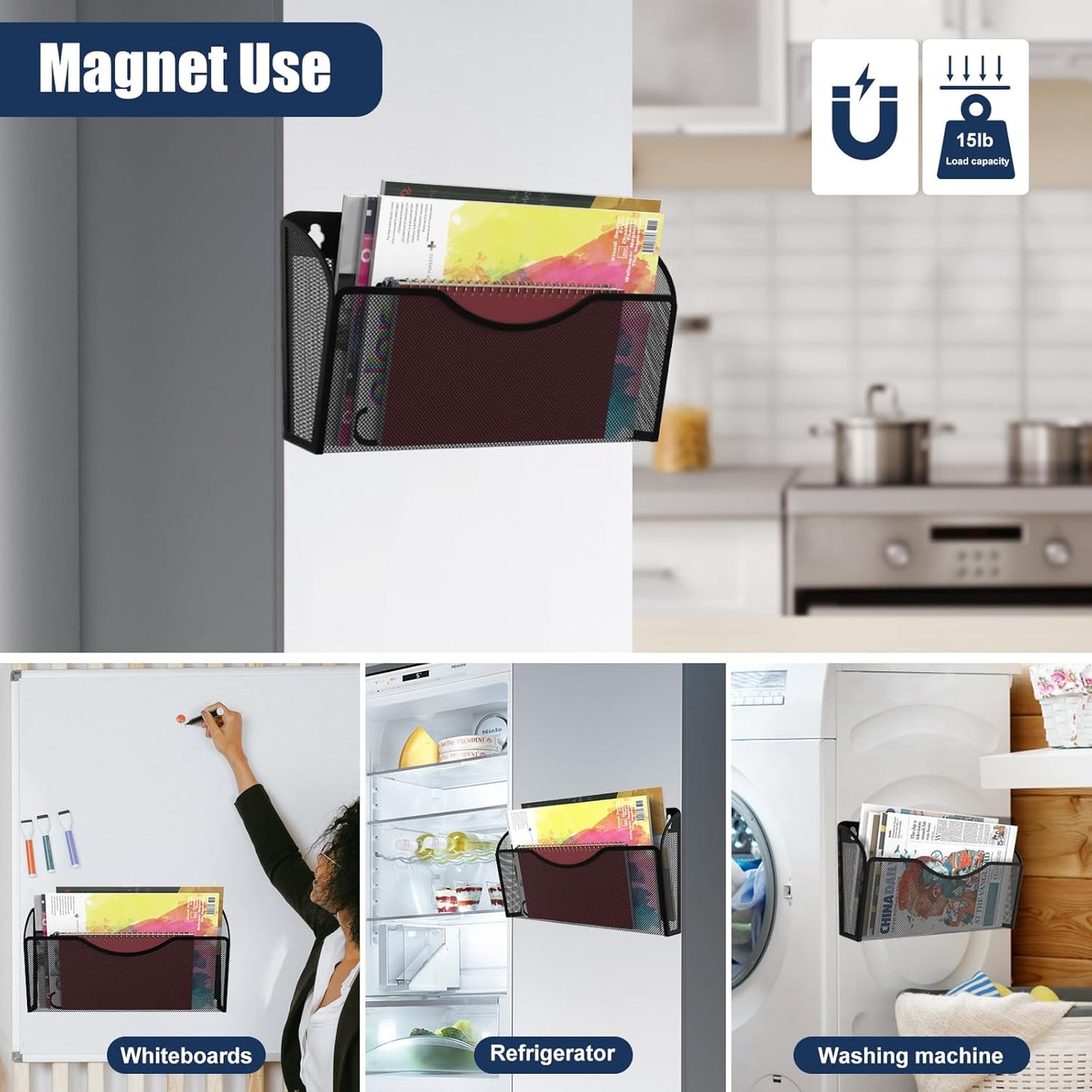 Skiennix Magnetic File Holder - 2 Pocket Organizer for Office & Home | No Drilling, White