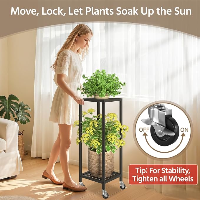 LASZOLA 2 Tier Black Metal Plant Stand Indoor Outdoor with Wheel for Large Planter, Modern Heavy Duty Tall Rolling Rack for Corner House Bathroom Patio Floor, Iron Flower Shelf Holder for Orchid Fern