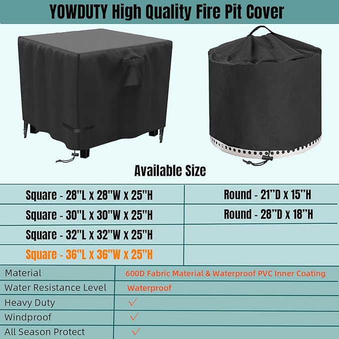YOWDUTY Propane Fire Pit Cover Square 36x36x25 Inch, Waterproof Heavy Duty 600D Patio Gas Fire Table Cover 36 Inch, Fit 34/35/36 Inch Firepit Table, All-weather Protection For Outdoor Fireplace