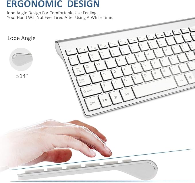 FENIFOX Keyboard and Mouse Wireless, USB 2.4GHz Combo Silent Quiet Low Profile Compact Full Size Flat Slim Thin Portable with Number Pad Soft Cover for PC Laptop Computer Office - White & Silver