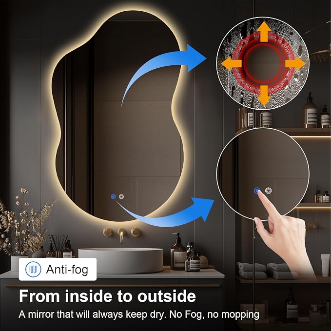 48"x30" Irregular LED Lighted Vanity Mirror for Bathroom, Backlit Only, Anti-Fog, 3-Color Dimmable Lighting, Wall Mount [Horizontal/Vertical]