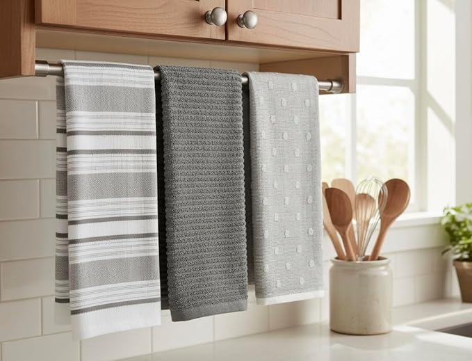 Grey White Kitchen Hand Dish Towels: Oversized 28" x 16",100% Cotton Cloth Soft Cleaning Drying Absorbent Gray Striped Solid Polka Dot Design, Set of 3 Multipurpose for Everyday Use (Grey Austin)