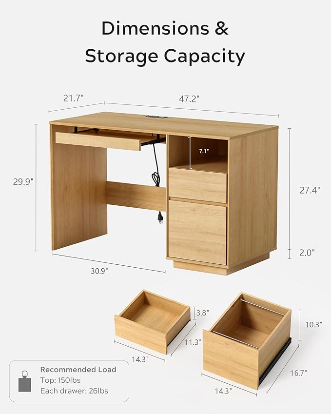 Home Office Desk, 47" Farmhouse Executive Desk with File Drawer & Outlet, Wood Computer Desks with Keyboard Tray, Workspace for Study Writing, Natural Oak