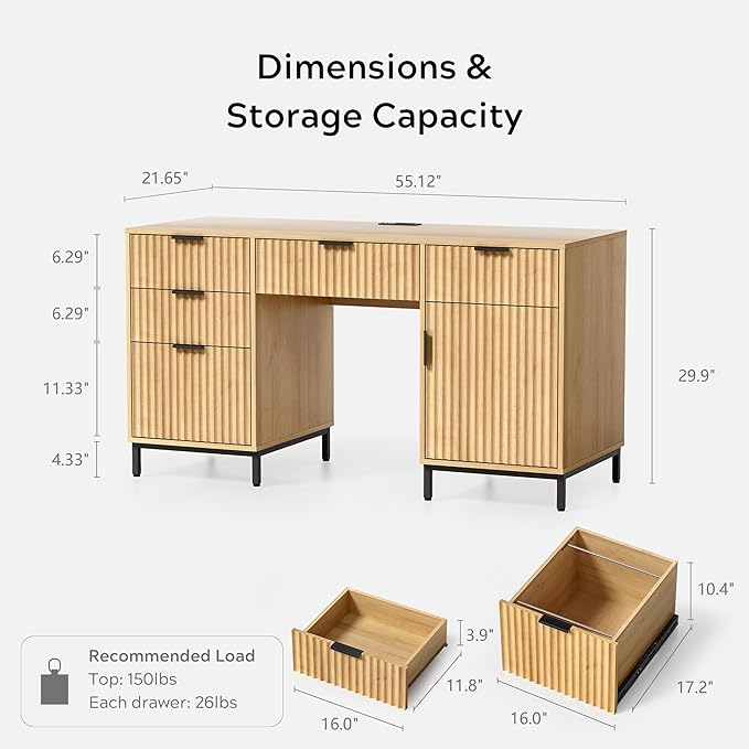 55" Fluted Executive Desk, Modern Home Office Desk with Charging Station, Keyboard Tray, File Drawer, Storage Cabinet for Work Study Writing Desk, Natural Oak