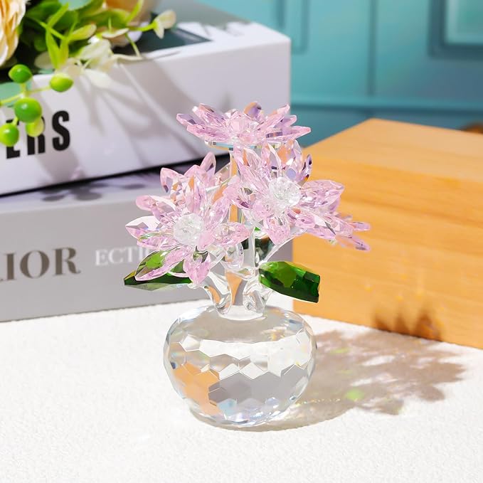 YWHL Pink Crystal Flower Figurine Decor with Stand, Handmade Glass Flower Gifts for Women, Beautiful Art Collectible Statue for Home Table Centerpiece（Pink