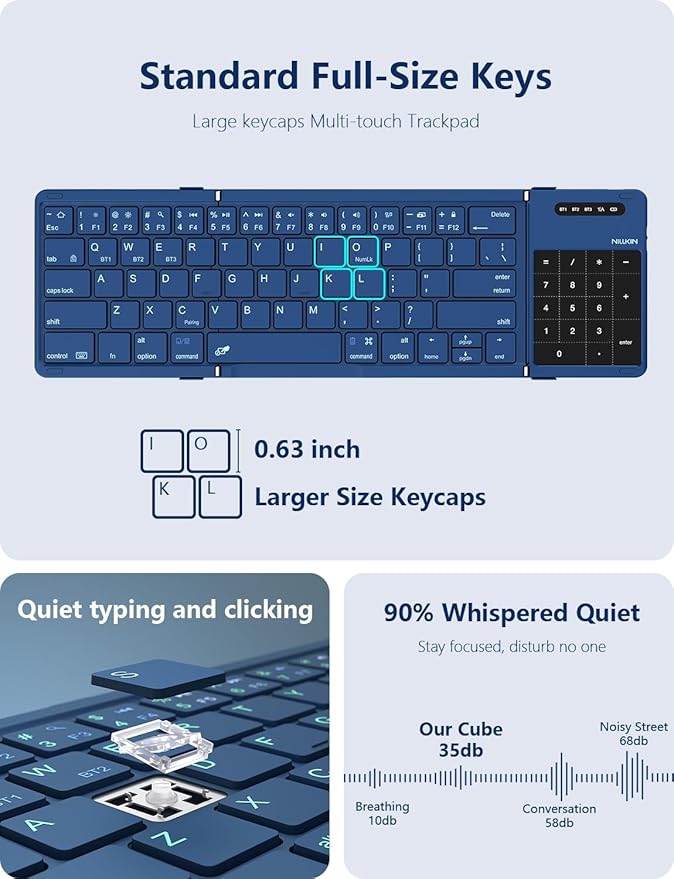 Nillkin Foldable Bluetooth Keyboard with Touchpad & Number Pad, Portable Bluetooth Keyboard with Full Size Keys, Pocket-Sized Wireless Travel Keyboards for iPad, Smartphone, Tablet and Laptop Blue