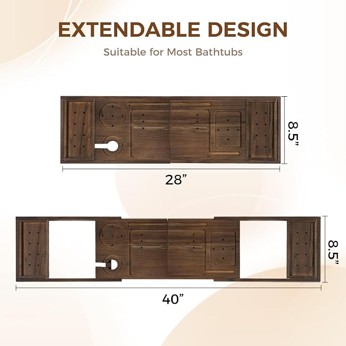 Teak Bathtub Tray - Luxury Bath Tray with Expandable Handles, Wine Glass and Phone Holders, Book Stand - Perfect for Home Spa Relaxation and Reading - Natural Bath Accessories - Dark Walnut Color