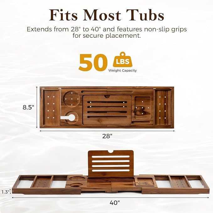 Teak Bathtub Tray for Tub, Expandable Bath Tray 28–40in, Foldable Bathtub Caddy with Wine Glass Holder, Phone & Book Stand, Wooden Bath Tray Organizer, Luxury Bathroom Accessories Gift - Light Walnut