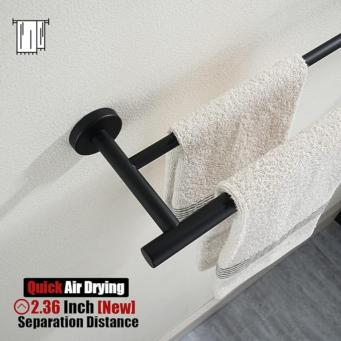 JQK Black Double Towel Bar, 20.5 Inch 304 Stainless Steel Thicken 0.8mm Towel Rack Bathroom, Towel Holder Matte Black Wall Mount, Useable Length 18 Inch 2 Pack, TB100L18-PB-P2