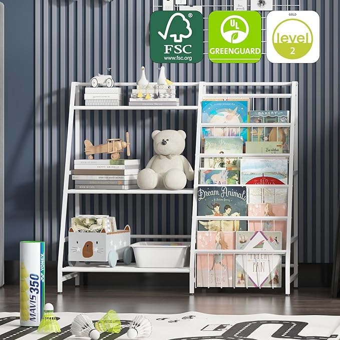 NACHES Kids Bookshelf & Toy Storage Organizer, 5-Tier Sling Pockets Toddler Bookcase with 4 Toy Bins for Playroom, Nursery & Kids Room (White)
