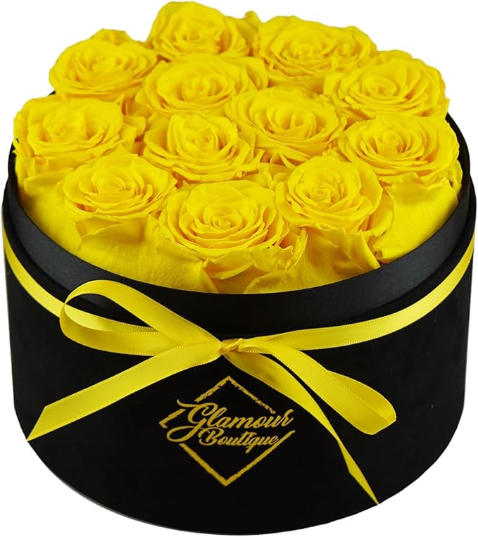 GLAMOUR BOUTIQUE Flowers Forever Gift Box 12 Real Preserved Roses in a Velvet Box, Birthday for Her Mom and Wife, Mothers Day, Anniversary, Graduation - Yellow