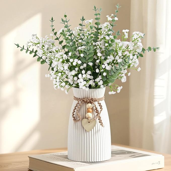 DomeStar White Flower Vase, Small Ceramic Vase Modern Home Decor with Grooves and Hanging Rope for Wedding Baby Shower Party Gift